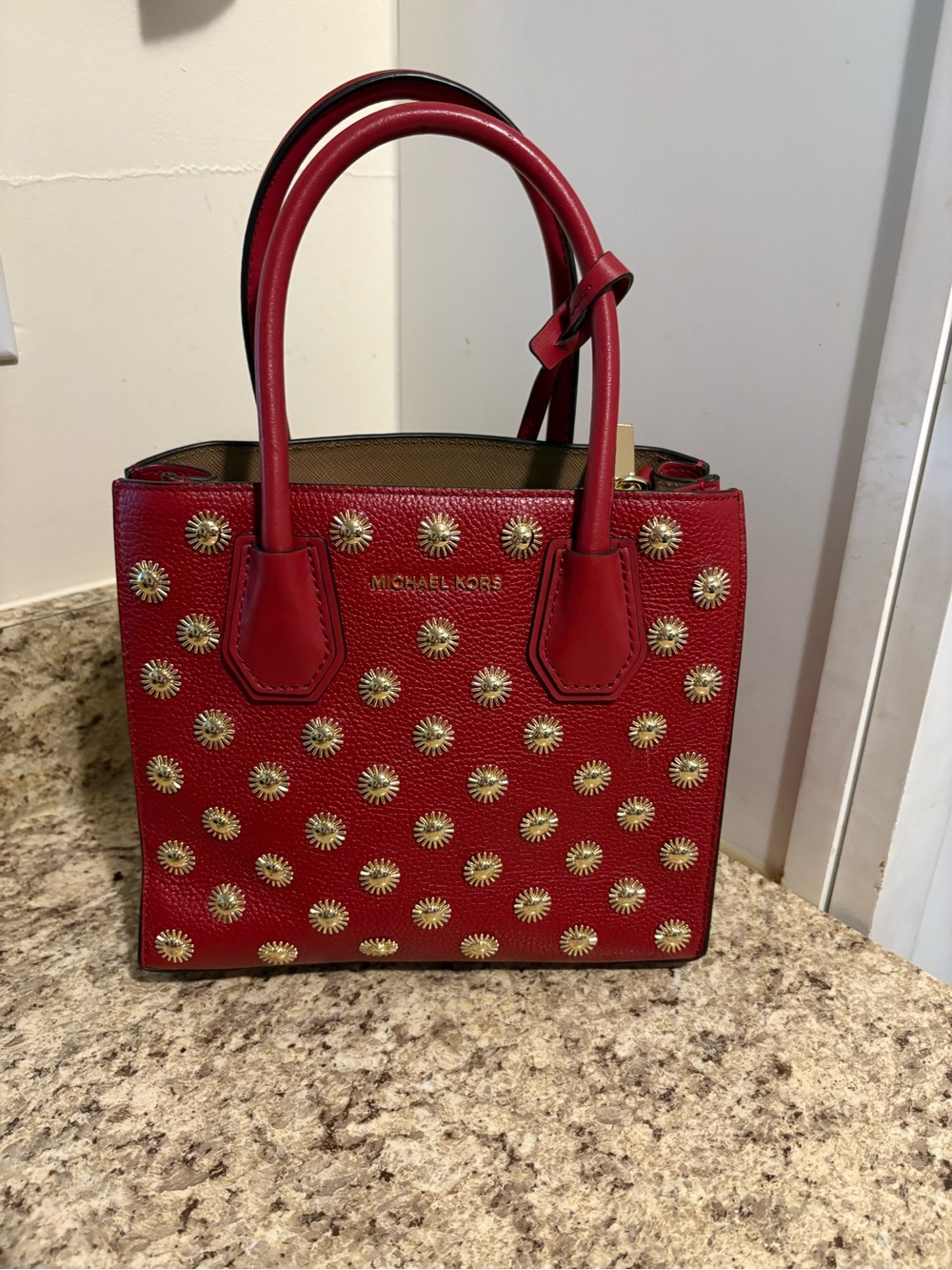 Michael Kors Red Pebbled Leather Satchel with Gold Sunburst Studs